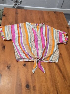 Esqualo Linen Boxy Oversized Fit Button Down Shirt Size 6 Bright Stripes Beach